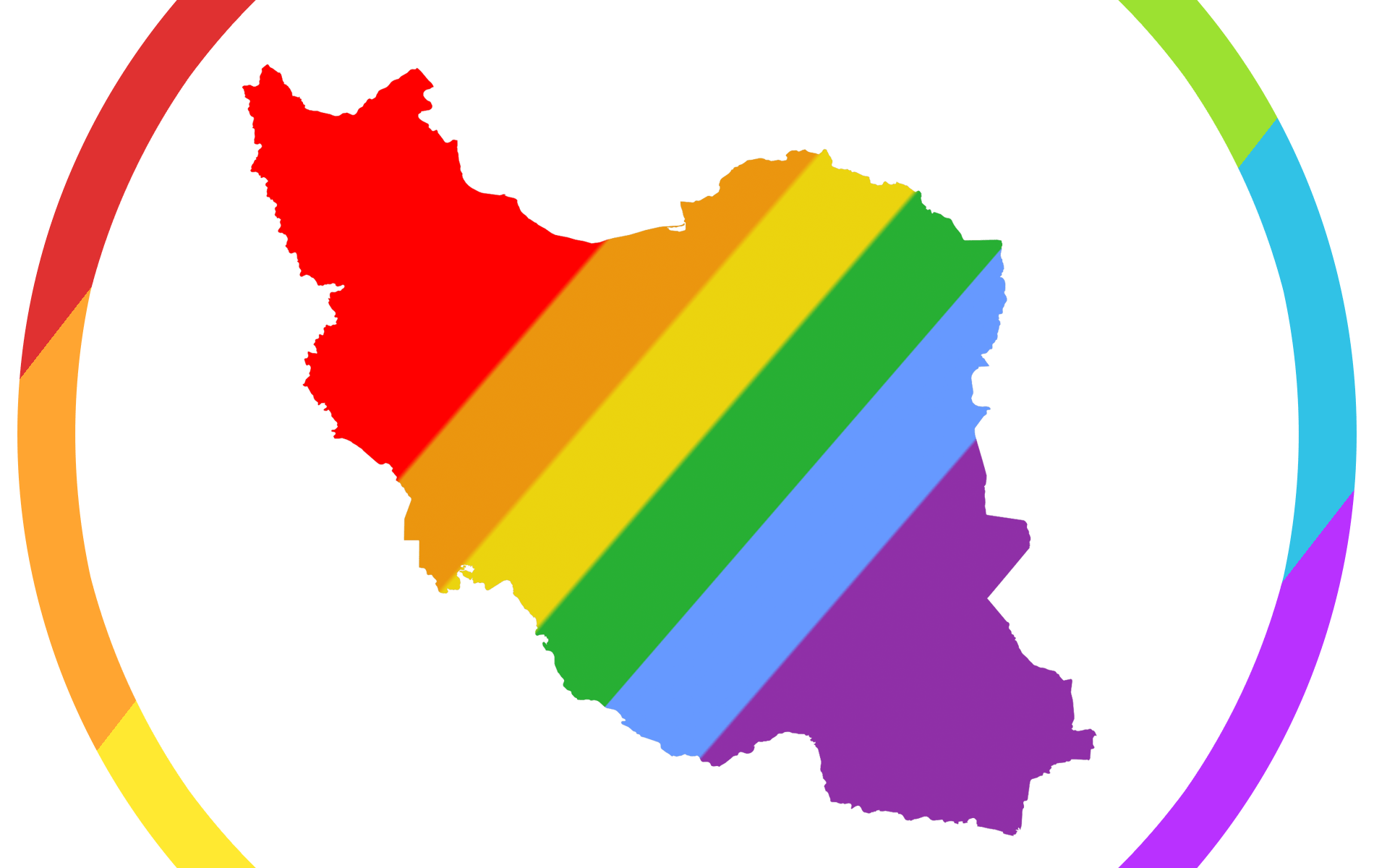 Iran Pride Logo - A circle around the map of Iran that is filled with rainbow flag colors
