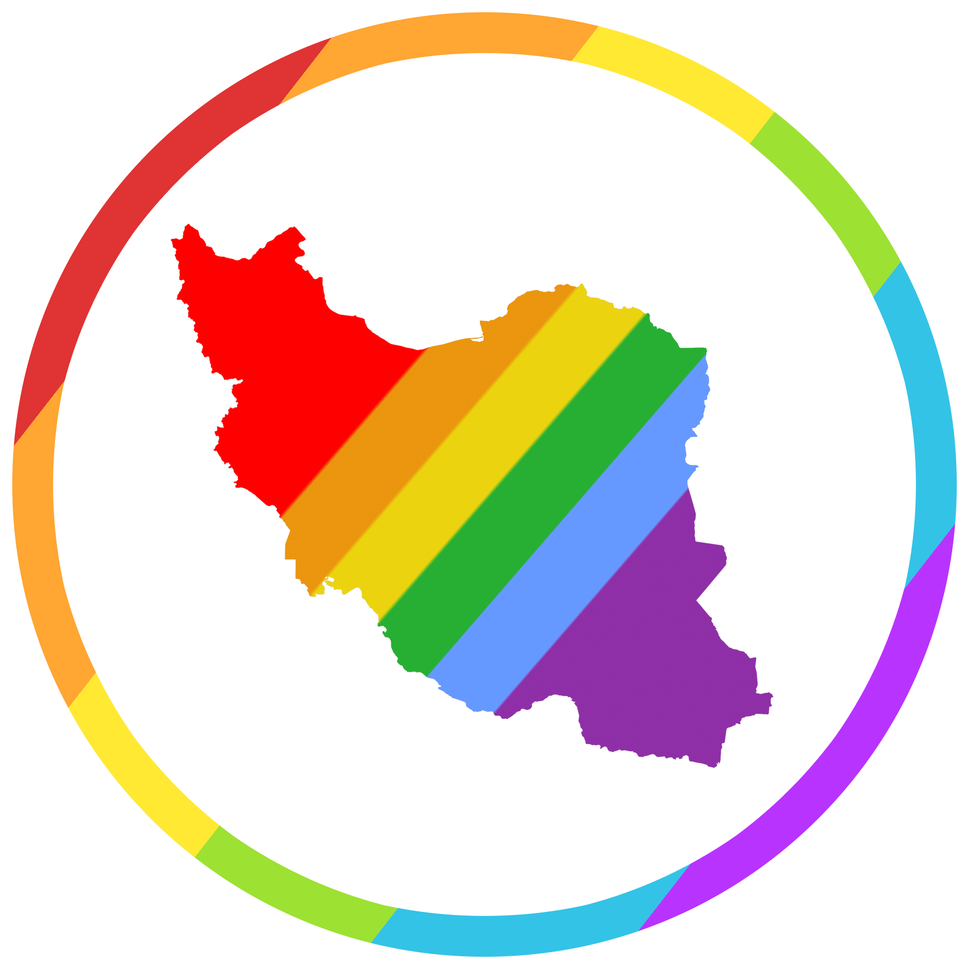 Iran Pride Logo - A circle around the map of Iran that is filled with rainbow flag colors