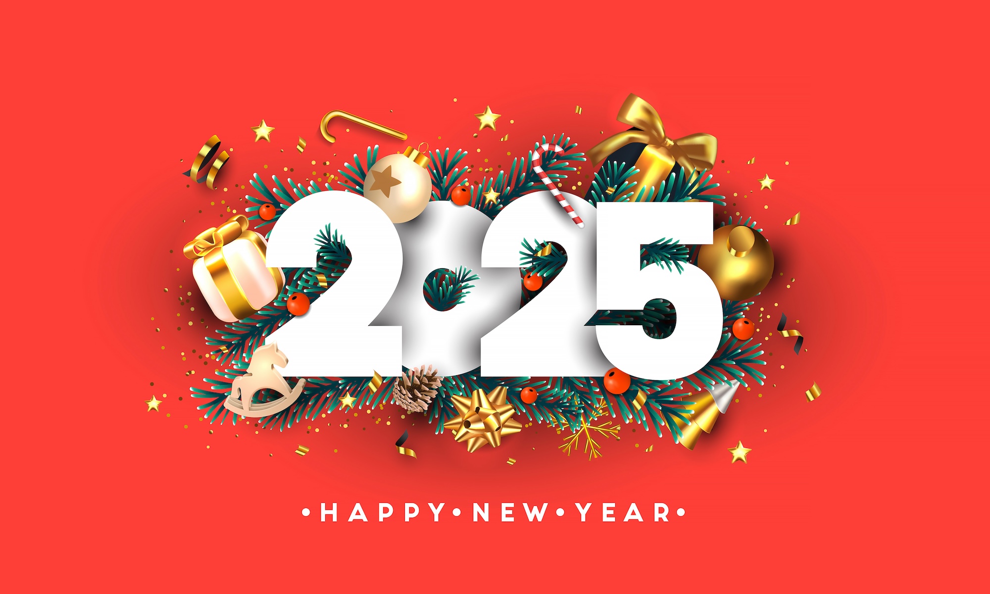 Happy New Year 2025 from JoopeA Foundation, numbers on Green Fir Branches and holiday ornaments on festive red background.